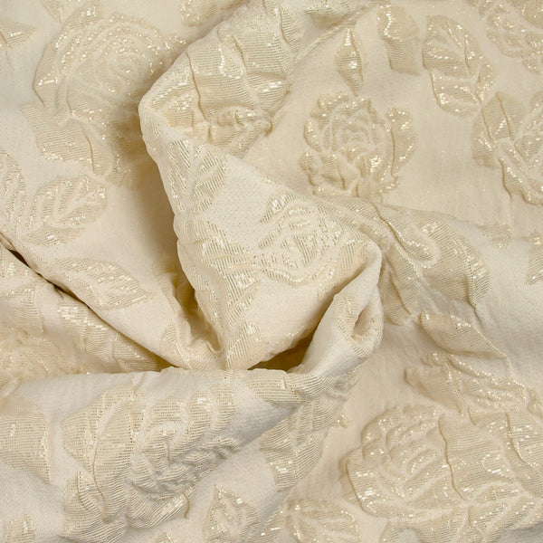 Brocart polyester rosier fond ivoire