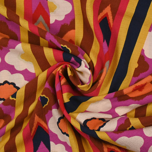 Viscose imprimée aztèques magenta, brique et jaune