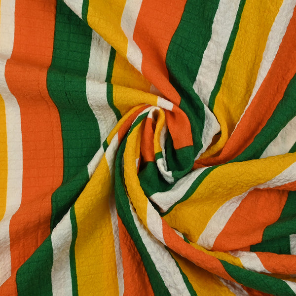 Viscose gaufrée imprimée rayée jaune, orange et vert