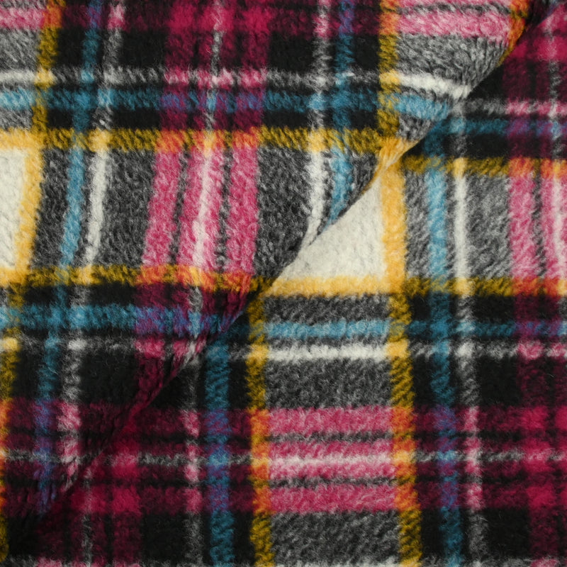 100% Laine sherpa à carreaux fuchsia, jaune et turquoise fond écru