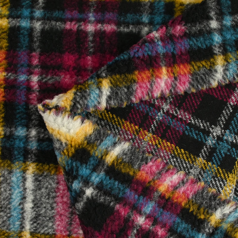 100% Laine sherpa à carreaux fuchsia, jaune et turquoise fond écru