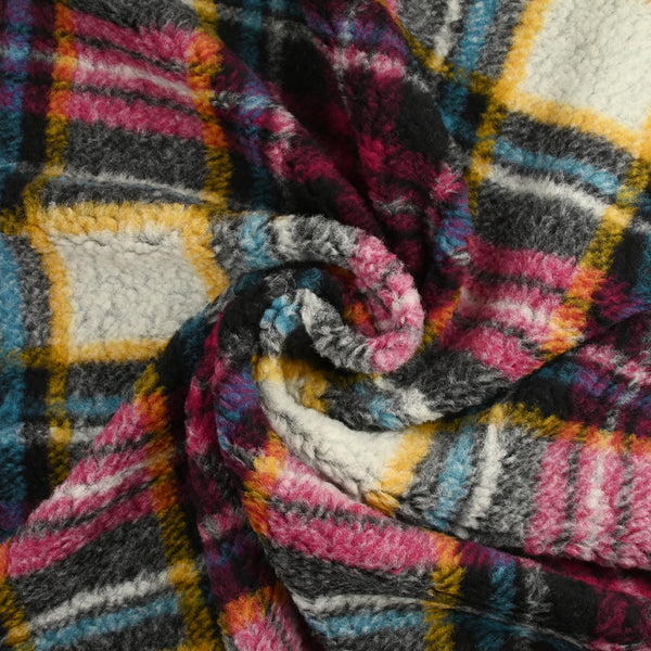 100% Laine sherpa à carreaux fuchsia, jaune et turquoise fond écru