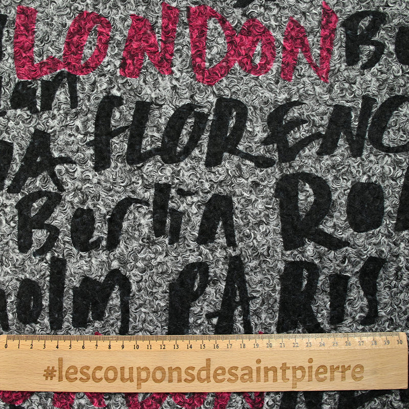 Lainage bouclette imprimé London graffiti fond gris chiné