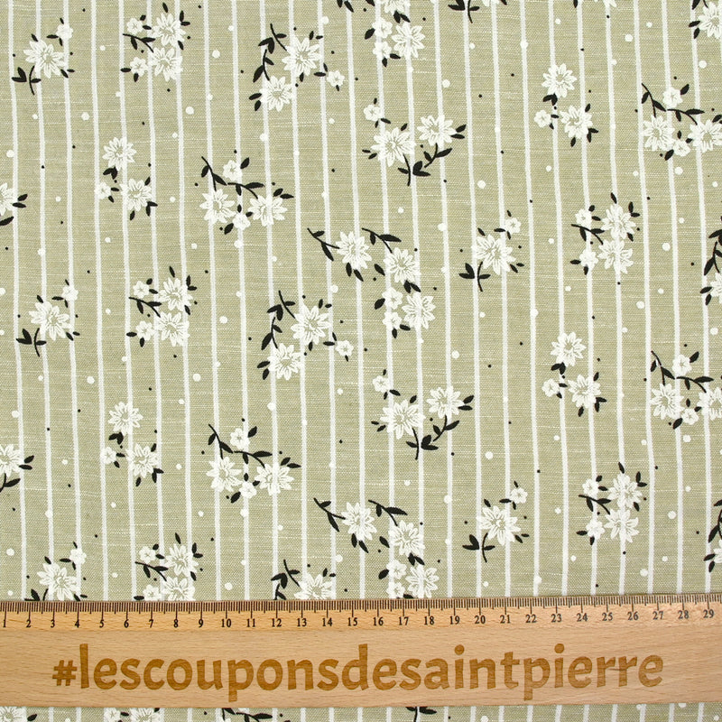 Chambray polyester rayé floqué fleurs fond beige