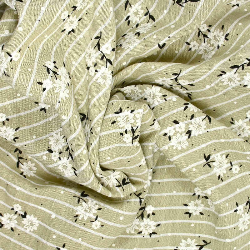 Chambray polyester rayé floqué fleurs fond beige