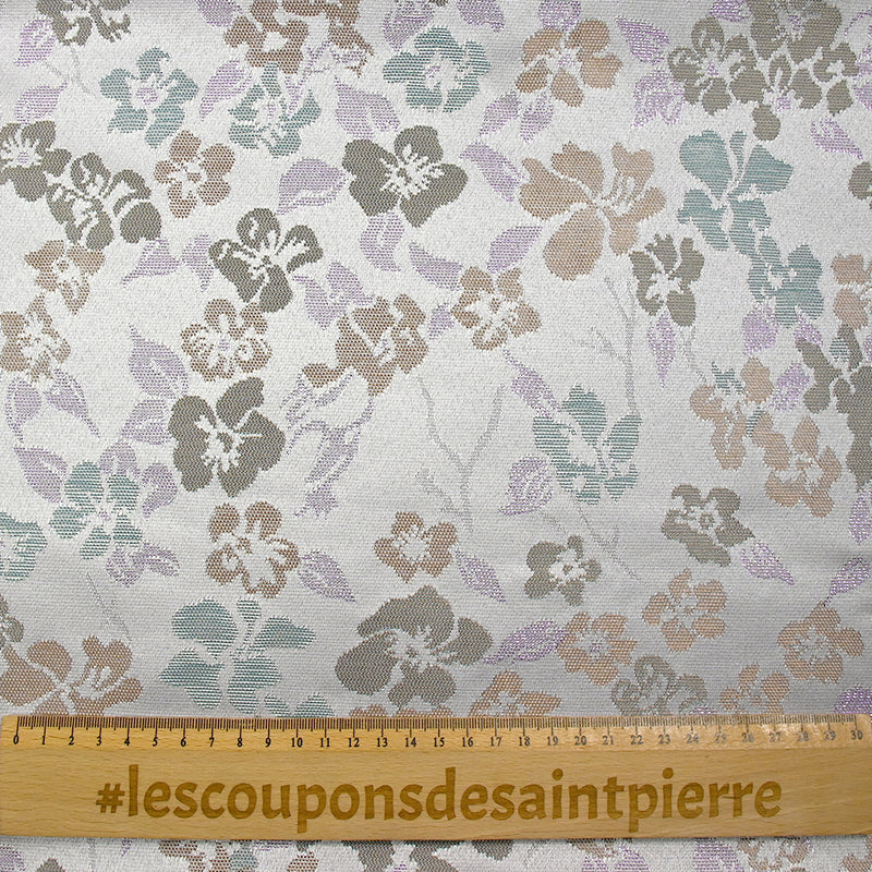 Brocart Moana vert d'eau, beige et violet fond gris
