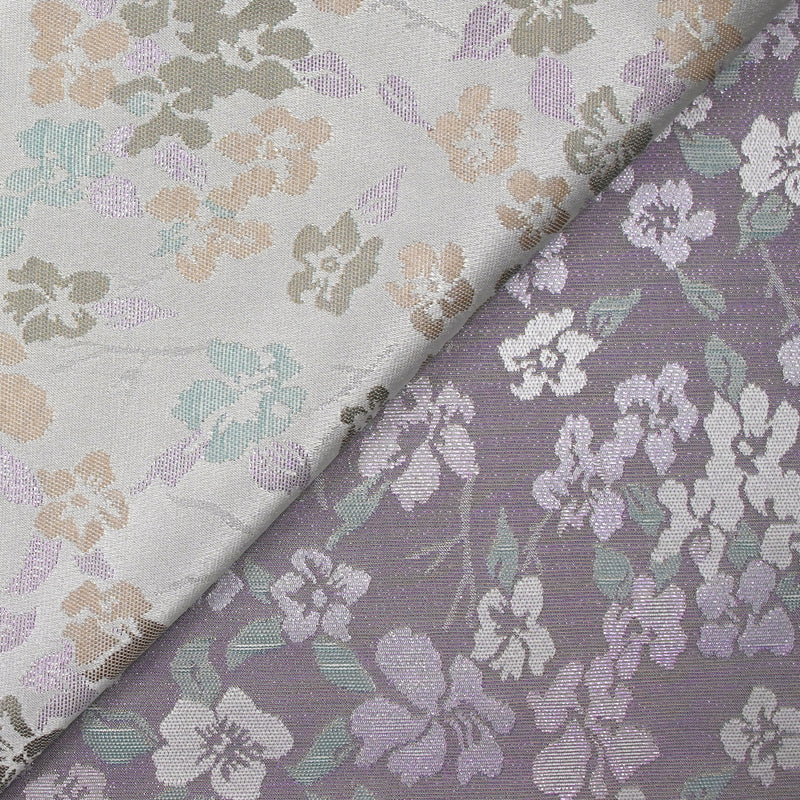 Brocart Moana vert d'eau, beige et violet fond gris