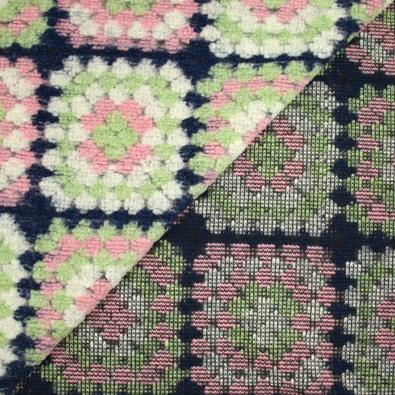 Laine mélangée fantaisie Granny Square rose et vert pastel fond marine