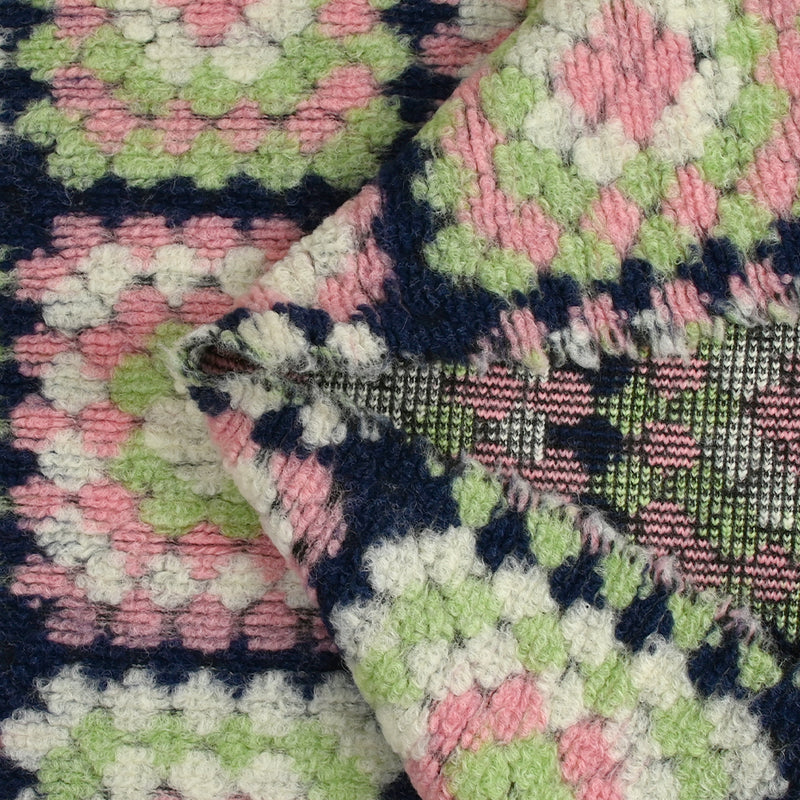 Laine mélangée fantaisie Granny Square rose et vert pastel fond marine