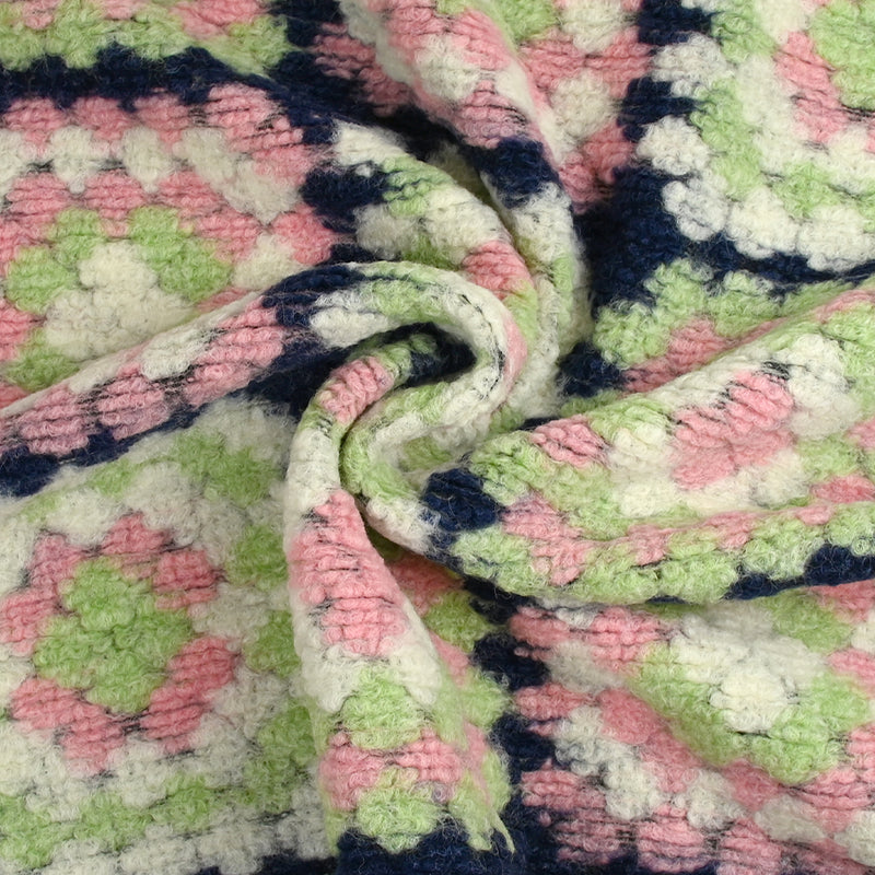 Laine mélangée fantaisie Granny Square rose et vert pastel fond marine
