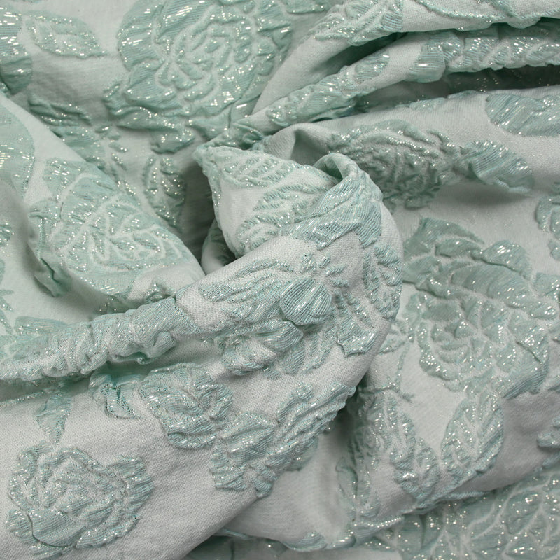 Brocart polyester rosier fond menthe givré