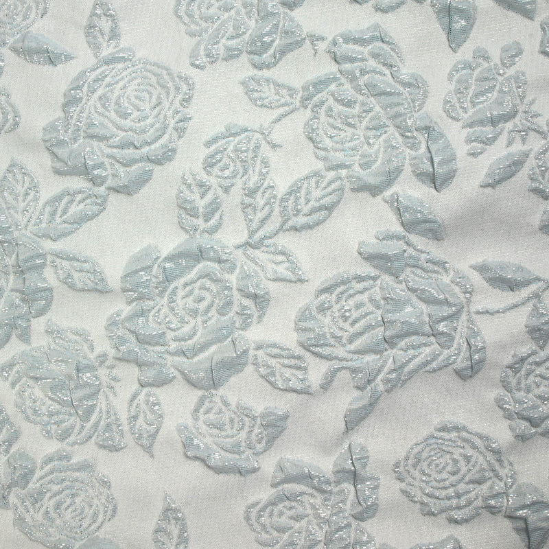 Brocart polyester rosier fond bleu givré