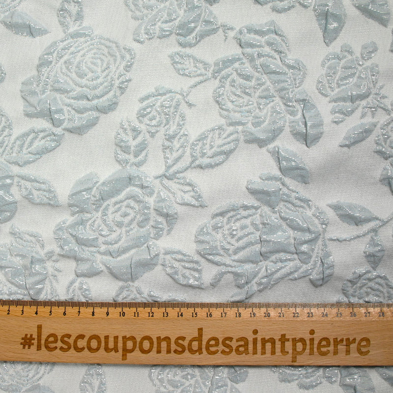 Brocart polyester rosier fond bleu givré