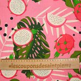 Polycoton imprimé monstera et fruit du dragon fond rose