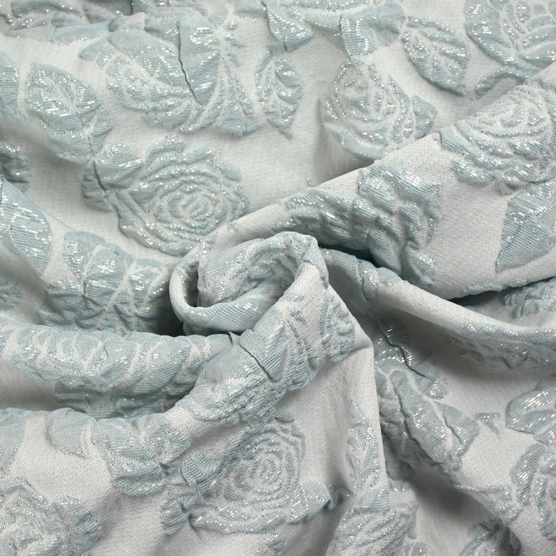 Brocart polyester rosier fond bleu givré