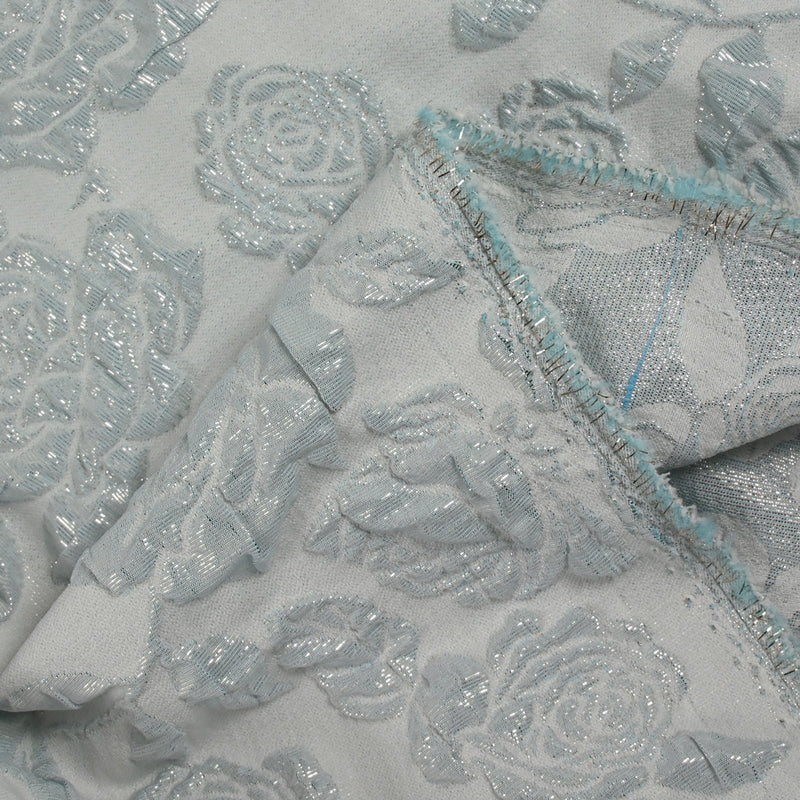 Brocart polyester rosier fond bleu givré