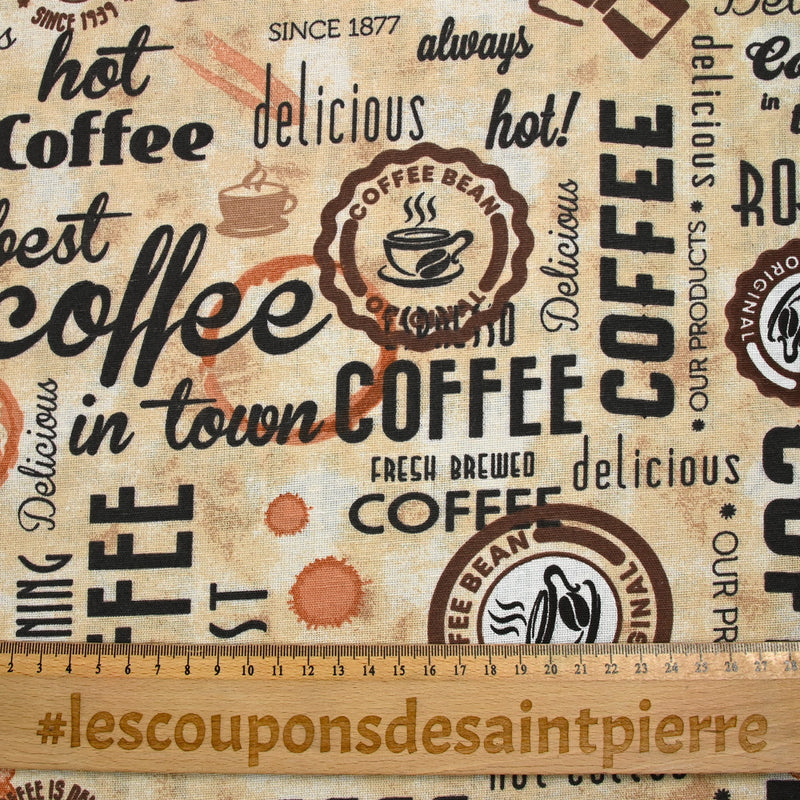 Polycoton imprimé café fond beige