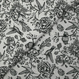 Viscose imprimée roses et colibris fond gris clair