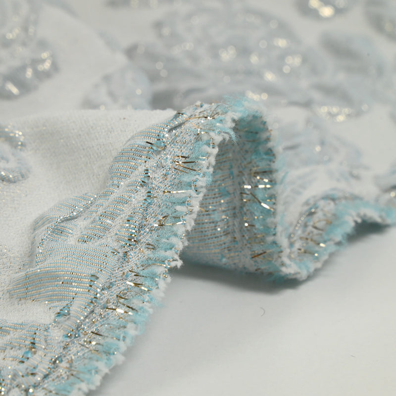 Brocart polyester rosier fond bleu givré