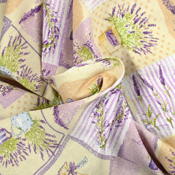 Polycoton imprimé lavande fond beige