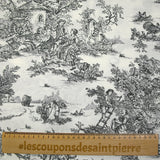 Viscose printed with black toile de Jouy on an off-white background