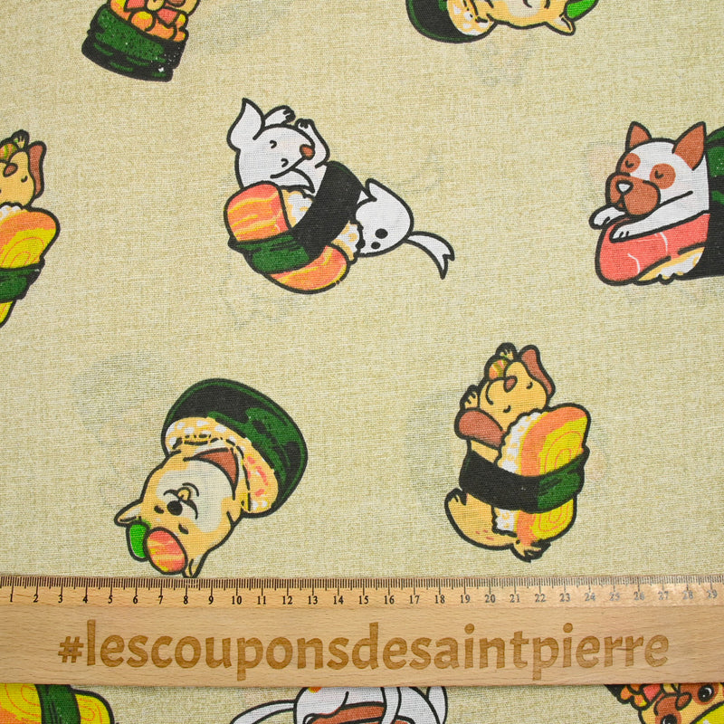 Polycoton imprimé chien sushi fond ficelle