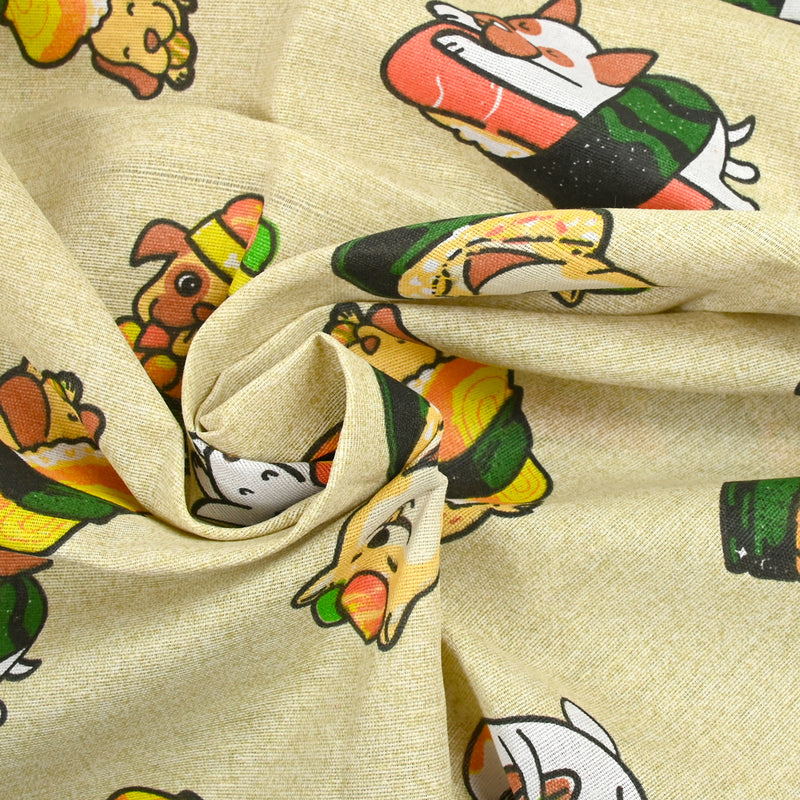 Polycoton imprimé chien sushi fond ficelle