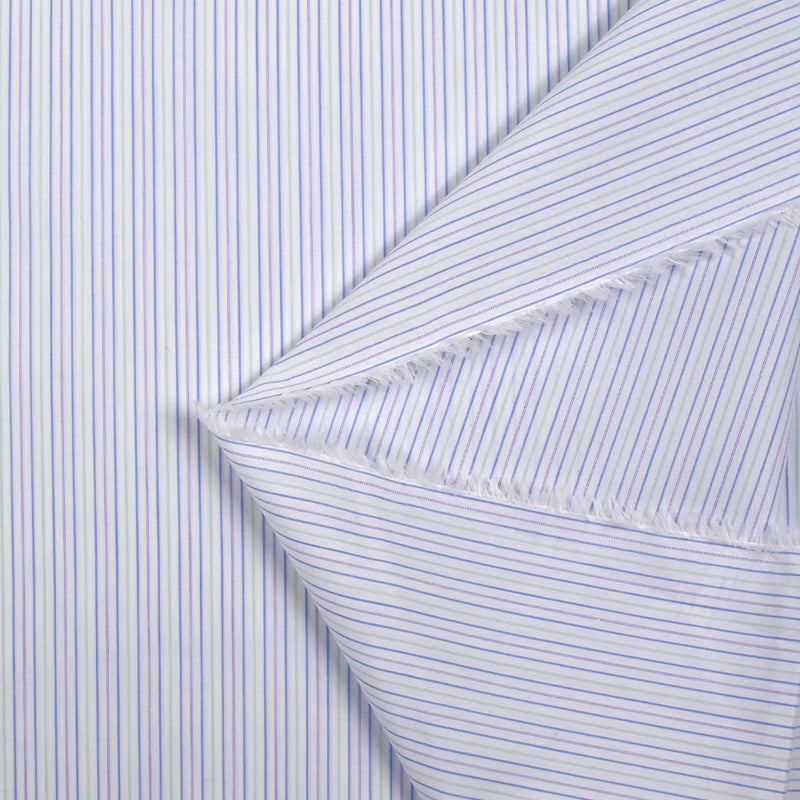 Coton chemise tissé-teint rayé bleu, violet et vert fond blanc