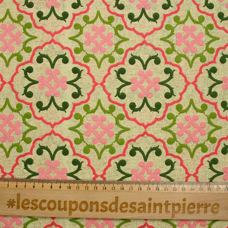 Polycotton pink and green azulejo print