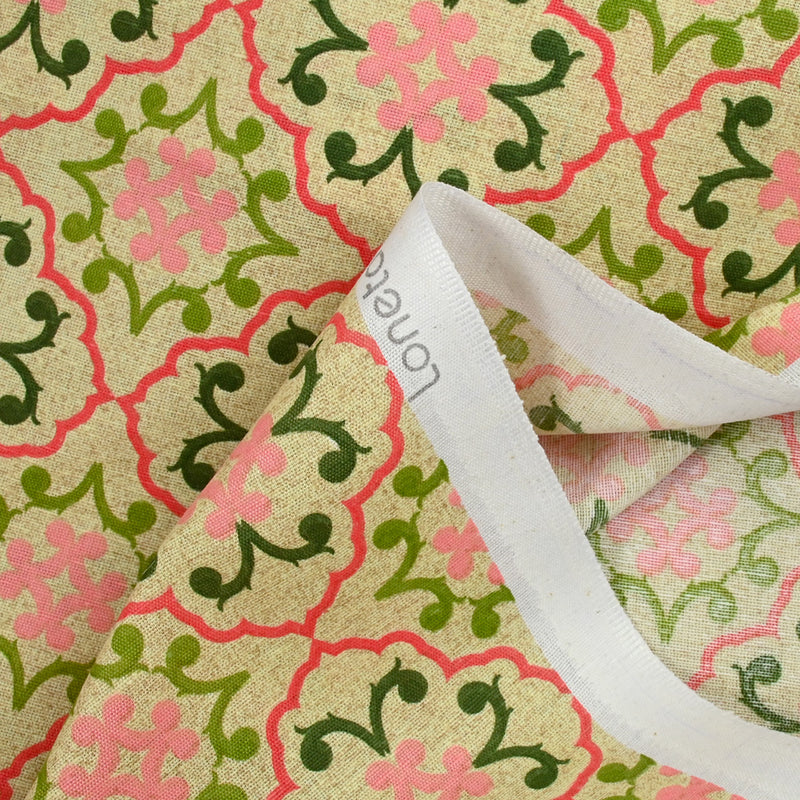 Polycotton pink and green azulejo print
