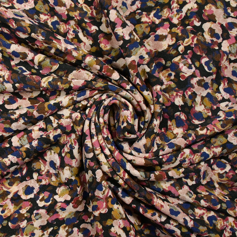 Maille polyester imprimée pluralité rose et bleu fond noir