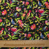 Viscose printed flowers and parrots on black background