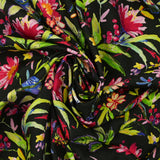 Viscose printed flowers and parrots on black background