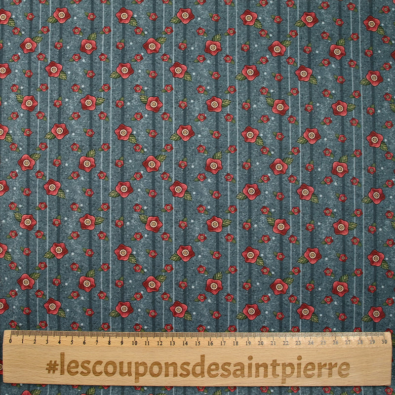 Flores de flores rojas Algodón estampado Fondo de antracita fuerte