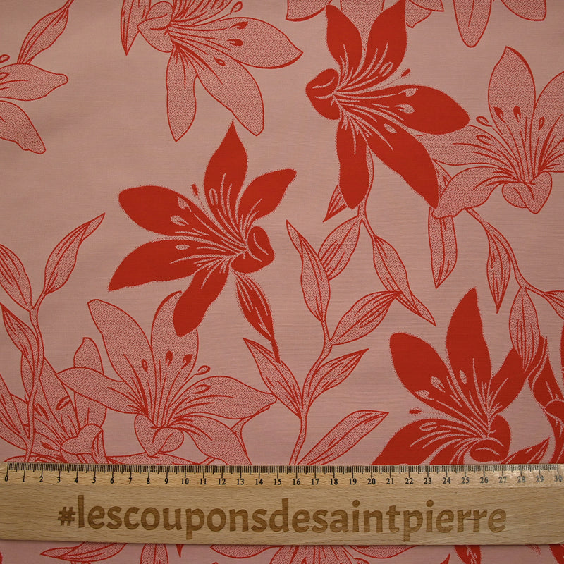 Polyviscose imprimée jungle flower rouge fond rose