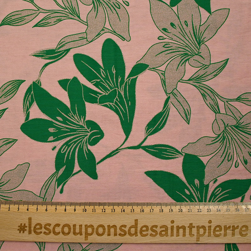 Light printed viscose jungle green flower pink background
