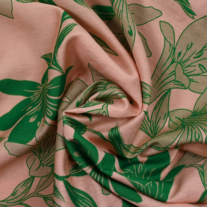Light printed viscose jungle green flower pink background