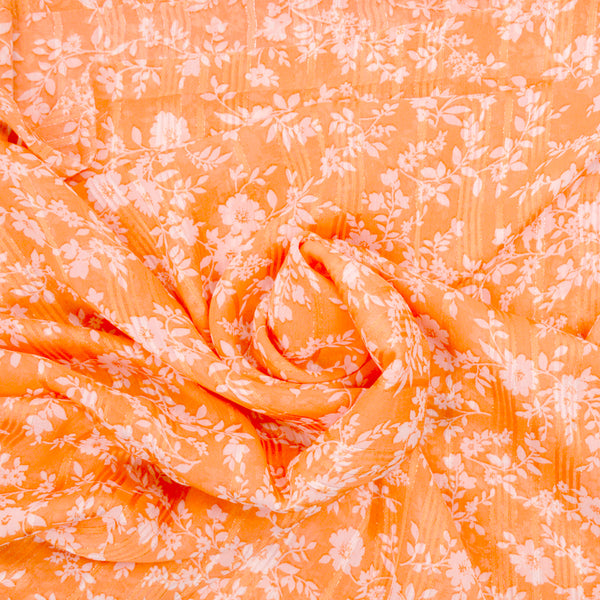 Mousseline crinkle irisée imprimé fleurs rayé fond orange