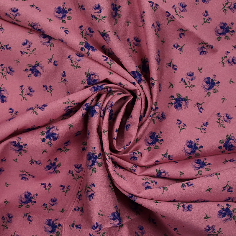 Viscose imprimée légère roses bleues fond rose