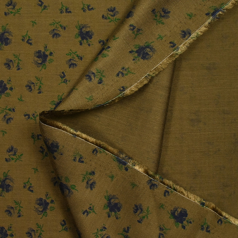 Viscose imprimée légère roses indigo fond marron kaki
