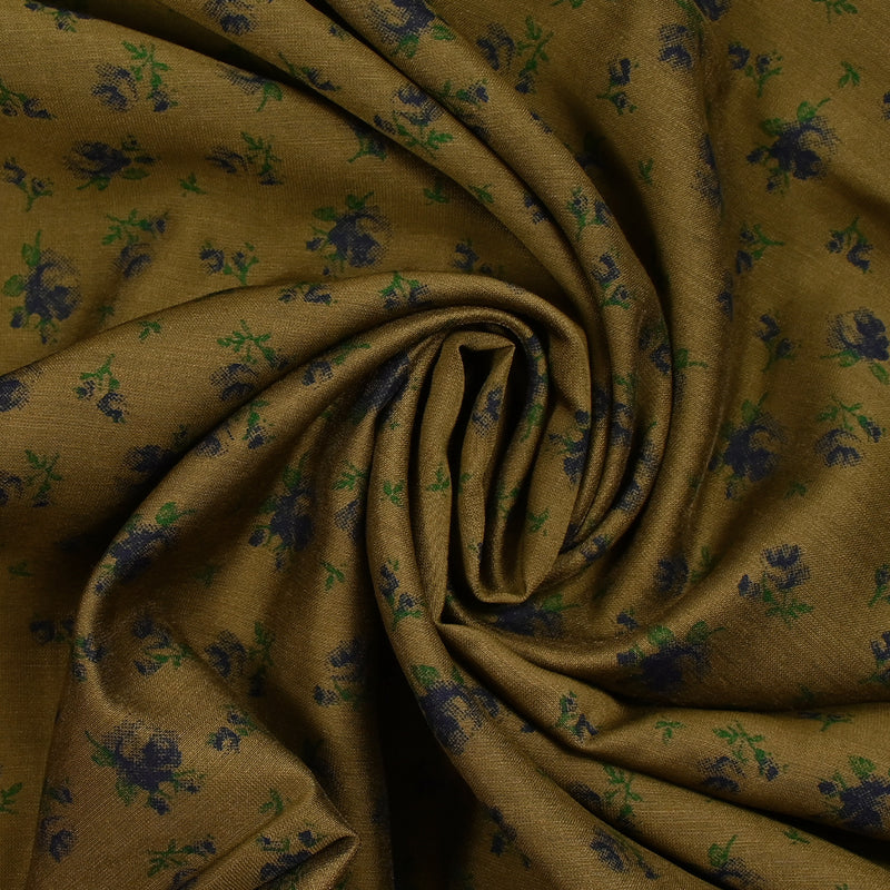 Viscose imprimée légère roses indigo fond marron kaki