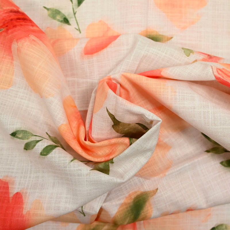 Woven cotton Linen A look printed flowers with watercolor