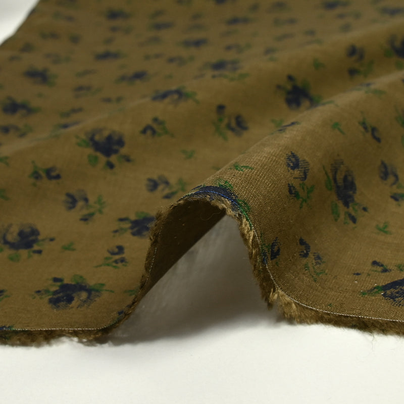 Viscose imprimée légère roses indigo fond marron kaki
