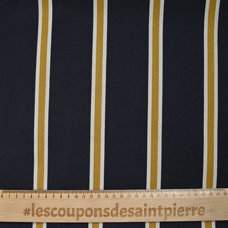 Gabardine de laine mélangée rayée écru et moutarde fond marine