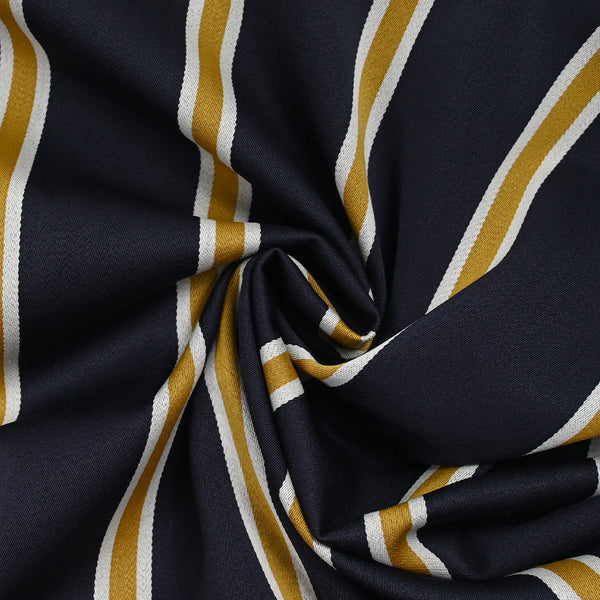 Gabardine de laine mélangée rayée écru et moutarde fond marine