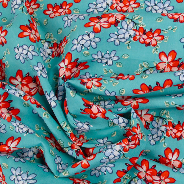 Viscose imprimée muse florale fond turquoise