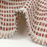 Jacquard de polycoton Lurex rayé bleu et rouge fond blanc cassé