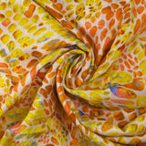 Lin viscose imprimé écailles ensoleillées orange et jaune fond écru