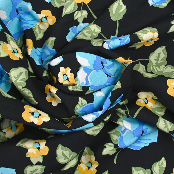 Viscose imprimée bouquet bleu royal fond noir