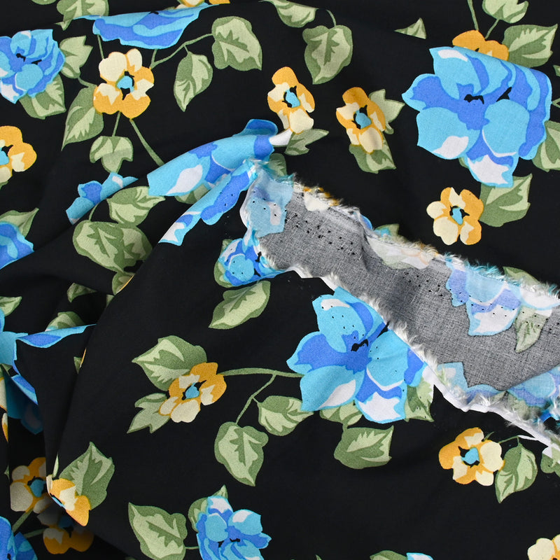 Viscose imprimée bouquet bleu royal fond noir